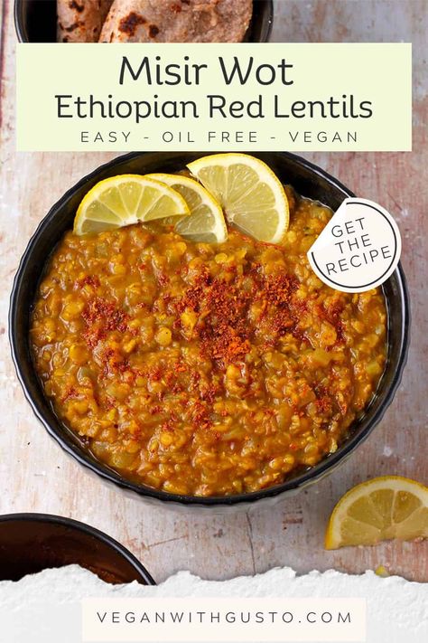 Tantalize your taste buds with the amazing flavor of fragrant and spicy Misir Wot, Ethiopian red lentils with Berbere spice blend, wholesome vegan ingredients, and no added oil. Get the recipe for ingredients, instructions, and pro tips! Ethiopian Lentil Recipe, Berbere Spice Recipes, Berbere Lentils, Berbere Recipe, Spicy Lentils, Ethiopian Lentils, Ethiopian Recipes, Lentils Recipes, Red Lentil Recipes