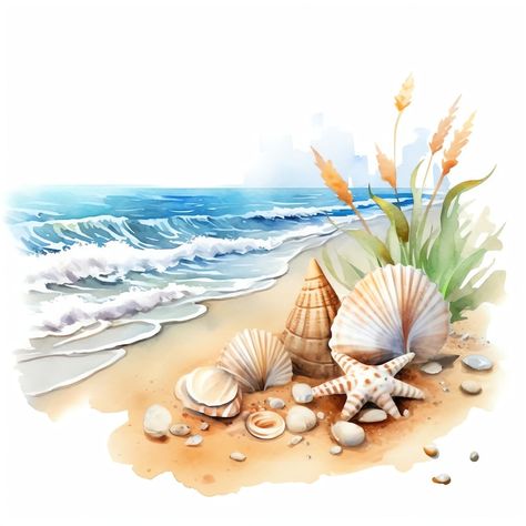 Beach Theme Illustration, Coast Drawing, Background Images Sea Beach, Seaside Illustration On The Beach, Beach Clipart Seaside, Beach Vector Art Backgrounds, Starfish Painting, Beach Clipart, Watercolor Beach