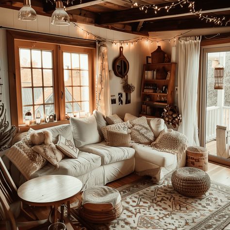 Cottagecore Living Room Concept in Warm Beige, Soft White, and Natural Wood Modern Cottage Lounge, Cottagecore Aesthetic Living Room Vintage, Cottage Home Living Room, Tiny Cottage Living Room, Cottage Core Living Room Ideas, Cozy Country Living Room, Cottagecore Aesthetic Living Room, Natural Wood Living Room, Rural Living Room