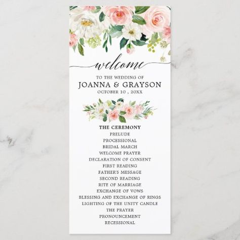 $2.70 | Blush Pink Florals Modern Botanical Wedding #blush floral rose peony, elegant modern blush watercolor florals, modern gold geometric frame, spring midsummer wedding, blush pink pastel waterclor floral, peach and cream flowers, mint green sage, pale pink coral wedding, soft pink sage floral wedding, botanical wedding program card Rose Gold Wedding Theme, Bridal March, Wedding Program Design, Coral Wedding Invitations, Bohemian Wedding Ideas, Peach And Cream, Pink Weddings, Peonies And Hydrangeas, Gold Wedding Theme