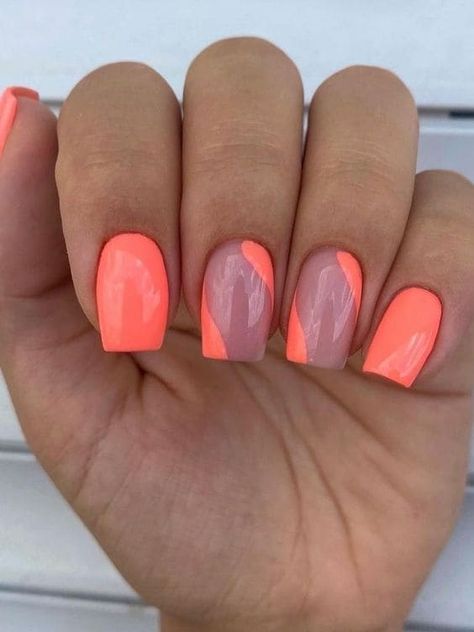 negative space coral nail design Coral Nails With Design Summer Art Ideas, Summer Nails Coral Design, Neon Coral Nails Design, Coral Design Nails, Cute Coral Nails, Coral Nails With Glitter, Hot Coral Nails, Coral Summer Nails, Nails Beach Design