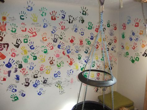 Handprint wall of Family and friends-instead, put on ceiling. paint background black, neon paint for handprints Handprint Wall Art, Handprint Wall, Childcare Rooms, Paint Drop, Hippy Room, Youth Room, Neon Painting, Playroom Wall, Paint Background