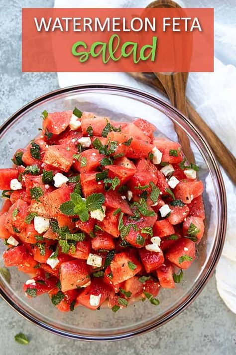 This Watermelon Feta Salad with mint in a simple honey lime dressing is a unique and refreshing summer salad! #watermelon #salad Watermelon Feta Salad Recipes, Mint Salad Recipes, Grilled Watermelon Salad, Watermelon Salad Recipes, Feta Salad Recipe, Grilled Watermelon, Watermelon Feta Salad, Mint Salad, Watermelon And Feta