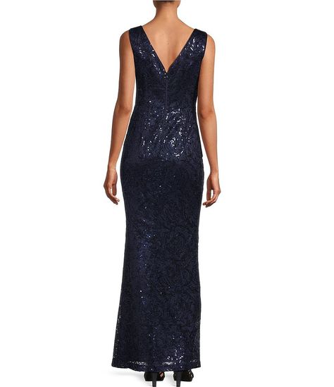 Eliza J Sequin Lace Boat Neck Sleeveless Ruffle Front Slit Gown | Dillard's Eliza J, Dillard's, Boat Neck, Sequin, Lace, Dresses