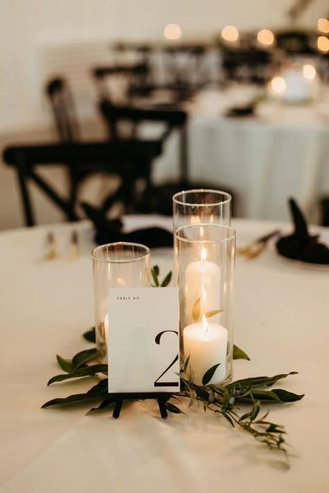 Modern Chic Centerpieces, Winter Wedding Simple Centerpieces, Wedding Table Decorations Simple Elegant, Eucalyptus And Candles Wedding, Simple Dinner Centerpieces, Wedding Reception Ideas Candles, Wedding Inspo Minimalist, Candle Center Piece For Wedding Tables, Simple Wedding Table Decor Candles