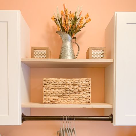 Room Reveal - Tangerine Laundry Room Peach Laundry Room Ideas, Orange Laundry Room Ideas, Coral Laundry Room, Peach Laundry Room, Orange Laundry Room, Builder Grade Laundry Room, Condo Lifestyle, Laundry Diy, Grey Laundry Rooms