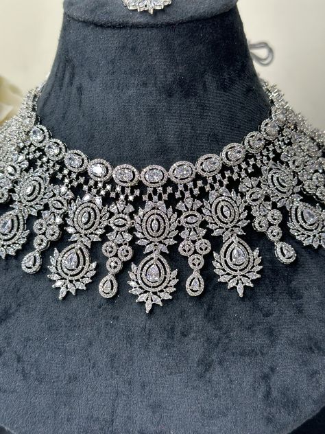 American Diamond Silver Necklace With Earrings and Tikka / - Etsy Wedding Jewellery Collection For Bride, Silver Lehenga, Diamond Silver Necklace, Silver Diamond Necklace, Silver Jewellery Indian, Wedding Jewellery Collection, Pakistani Jewelry, Cz Necklace, Jewelry Indian