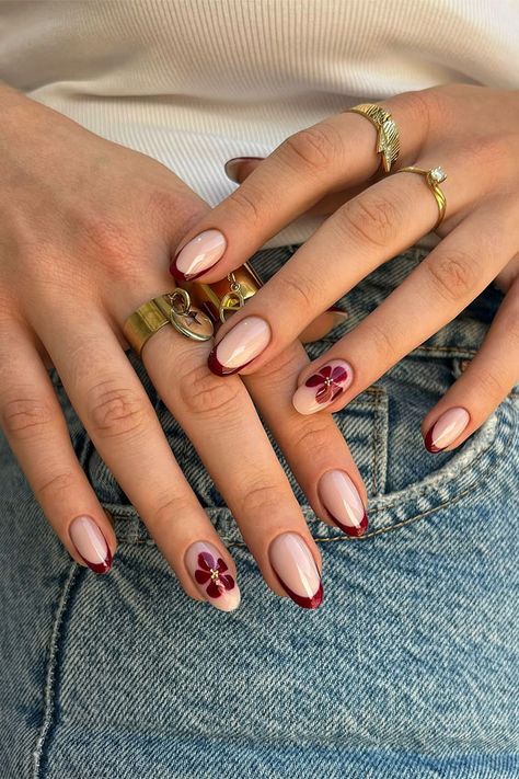 Burgundy Bloom French Elegance, stylish autumn nails, autumn nail art, autumn nail designs, trendy fall nails French Tip Nails With Nail Art, Burgundy Nail With Design, Autumn Biab Nail Designs, Maroon Summer Nails, Cool Nail Inspiration, Autumn Nail Tips, Maroon Tips On Nails, Burgundy Spring Nails, Red Flower French Tip Nails