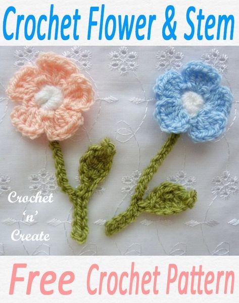 Free crochet flower and stem pattern, adorn most projects with this pretty flower, such as blankets, bags, baby items. Get the pattern on #crochetncreate #freecrochetpatterns #crochetflowers #crochet #crochetapplique #crochetmotif Crochet Flower With Stem, Dainty Crochet, Easy Crochet Flower, Crochet Quilt Pattern, Craft Hobbies, Scrap Yarn Crochet, Crochet Bloggers, Crochet Appliques, Cushion Cover Pattern