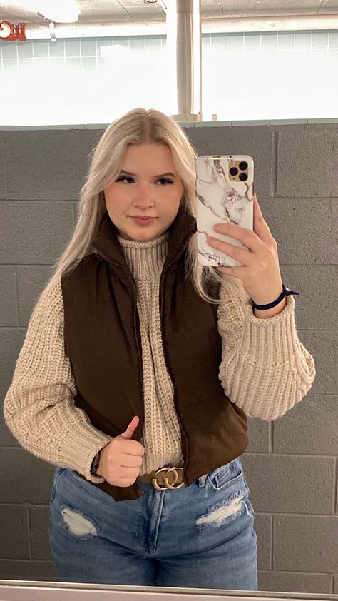 #sweater #vest #brownvest #outfitinspo #outfit #winteroutfit #falloutfit #hm #americaneaglejean # sweateroutfit #greysweater #creamsweater #oatmealsweater #hmsweater #h&m #h&msweater #neutraloutfit #casual #casualwear #sweaterjeanoutfit #turtlenecksweater #mirrorselfie #blondhair #longblondhair #chunkyknit #chunkyknitsweater #knitsweater #sweaters Brown Vest Outfits For Women, Brown Vest Sweater, Brown Vest Outfit, Fall Vest Outfits, Brown Puffer Jacket, Vest Outfits For Women, Brown Puffer, Fall Vest, Vest Sweater