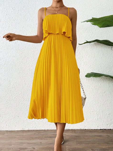 SHEIN Frenchy Solid Color Pleated Woven Sling Dress For SummerI discovered amazing products on SHEIN.com, come check them out! Yellow Maxi Dress Outfit Casual, Elegant Maxi Dresses, Haldi Outfit, Boho Picnic, Butterfly Blouse, 70s Vibes, Flowy Mini Dress, Black Dress With Sleeves, Summer Yellow