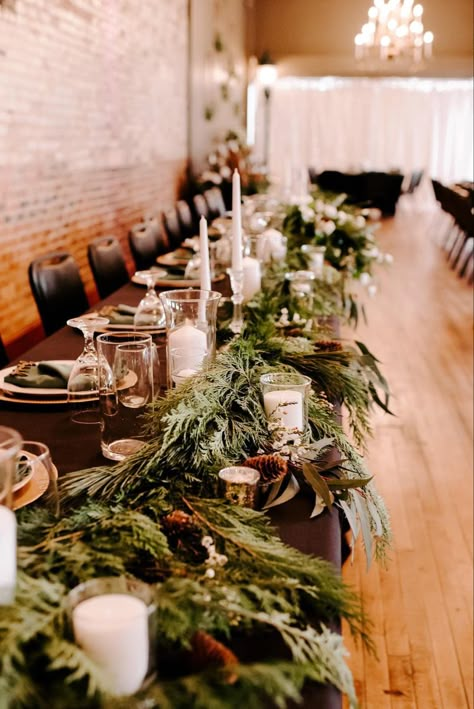 Winter Wedding Table Wreath, Evergreen Table Decorations, Evergreen Wedding Arch, Evergreen Winter Wedding, Sage Green Winter Wedding, Evergreen Garland Wedding, Green Ivory And Gold Winter Wedding, Pine Table Runner Wedding, Pine Garland Table