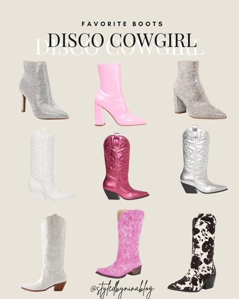 disco cowgirl - space cowboy - nashville bachelorette outfits - nashville outfits - austin outfits - rodeo outfits - cowboy boots - pink cowboy boots - pink boots - silver boots - white cowboy boots - bachelorette outfits for the bride - bridesmaid bachelorette party outfit - country concert outfits - sequins - cow print - steve madden - western style - western fashion - NFR outfits Follow my shop @styledbyninablog on the @shop.LTK app to shop this post and get my exclusive app-only content! Space Cowgirl Shoes, Steve Madden Cowgirl Boots Outfit, Disco Cowgirl Concert Outfit, Space Cowboy Party Theme Outfit, Nashville Outfits Pink Boots, Girly Cowgirl Outfit, Disco Cowgirl Bachelorette Outfit Pink, Disco Cowboy Bachelorette Outfit, Cowgirl Boots Party Outfit