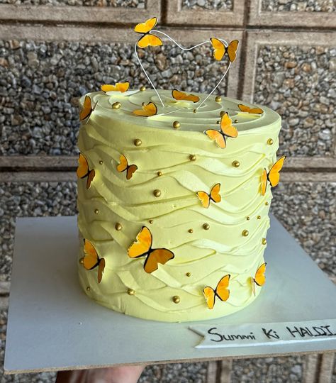 Cake for haldi ceremony.🦋🌼💛 #haldicake #haldiceremony #wedding #aesthetic #pinterest #fyp #instagram Haldi Theme Cake, Haldi Cake, Cake Without Fondant, Haldi Theme, Haldi Ceremony, Wedding Theme Colors, Theme Cake, Aesthetic Pinterest, Wedding Aesthetic