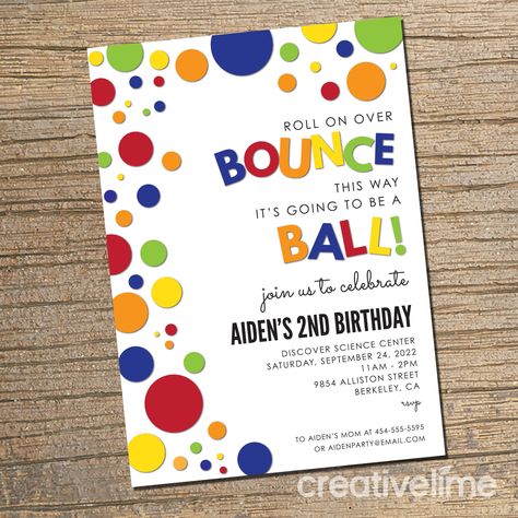 "PLEASE PLEASE READ THROUGH ALL LISTINGS DESCRIPTIONS BEFORE EMAILING or PURCHASING 99% OF ALL EMAILED QUESTIONS ARE ANSWERED BELOW. READ INFORMATION BELOW BEFORE EMAILING WITH QUESTIONS OR CHECKING OUT  PRINTABLE DIGITAL FILE CARD - ANY AGE Your card will come in the form of a 300dpi high resolution JPG FILE that will be emailed to you via Etsy messaging typically within 24 hours (in most cases UNLESS the store is experiencing a high volume of orders or if it's the weekend/holiday) after all cu Ball Themed Birthday Party, Bounce House Party Invitations, Rory Birthday, Bouncy Ball Birthday, Bounce House Birthday Party, Ball Birthday Party, Bounce House Birthday, Bubble Birthday, Ball Birthday Parties