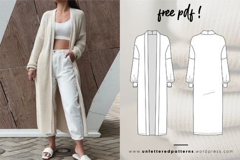 Comfortable Summer Outfits, Long Open Cardigan, Free Pdf Sewing Patterns, Free Sewing Pattern, Free Pdf Pattern, Diy Sewing Pattern, Easy Sewing Projects, Cardigan Pattern, Open Cardigan