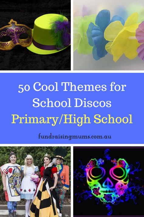 50 Cool and Unique Themes for School Discos | Fundraising Mums Fun School Dance Themes, Elementary School Dance Theme, Themes For School Dances, 6th Grade Dance Theme Ideas, Dance Themes Elementary, School Disco Theme Ideas, School Disco Ideas, 5th Grade Dance Themes, Fundraiser Theme Ideas