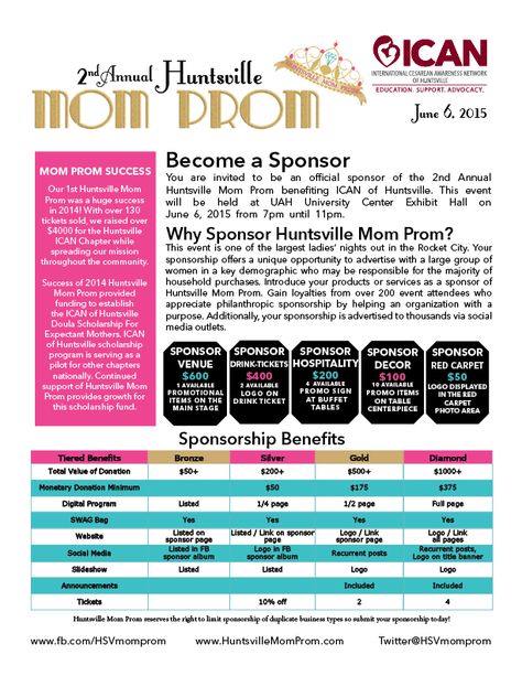 Sponsorship Package front page @HSVmomprom @ICANofHSV Corporate Sponsorship Package, Sponsorship Flyer, Corporate Sponsorship, Mom Prom, Sponsorship Levels, Sponsorship Package, Annual Campaign, Sponsorship Proposal, Pta Fundraising