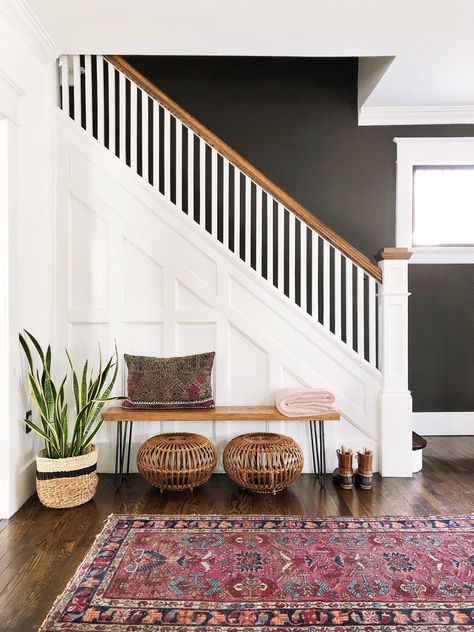 Side Of Stairs Decor Ideas Entryway, Tudor Hallway, Side Of Stairs Decor Ideas, Staircase Fence, Dark Walls Living Room, Small Entryway Bench, Staircase Renovation, Dark Accent Walls, Painted Trim