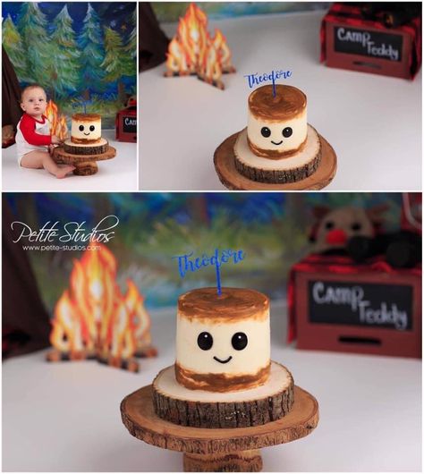 Campfire Smash Cake First Birthdays, Smash Cake Camping Theme, Camping Themed Smash Cake, Campfire Smash Cake, Smores 1st Birthday Party, S'more Smash Cake, Camping Smash Cake 1st Birthdays, Bonfire First Birthday Party, Camp Smash Cake