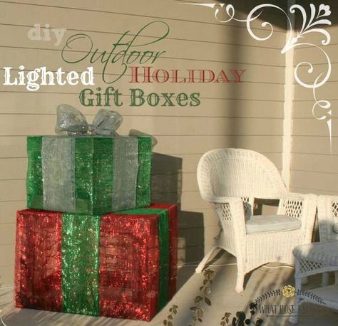 outdoor lighted holiday gift boxes, christmas decorations, crafts, seasonal holiday decor Diy Outdoor Lighted Gift Boxes, Diy Light Up Present Boxes, Oversized Christmas Decorations, Outdoor Christmas Gifts, Outdoor Christmas Diy, Holiday Gift Box, Christmas Ornament Wreath, Front Porch Christmas Decor, Deco Mesh Christmas Wreaths