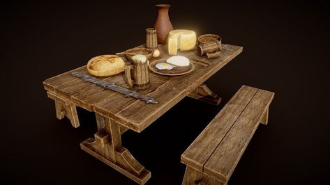 Medieval - A 3D model collection by explorer (@woodhike) - Sketchfab Medieval Dinner, Medieval Tavern, Tavern Table, Medieval Furniture, American Garden, 3d Props, Medieval Houses, 3d Concept, Fantasy Props