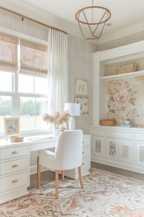 Bright and airy home office with a white desk and chair, built-in shelves, and a floral wall art accent. Home Office Wallpaper Ideas, Home Office For Small Spaces, Dining Room No Windows, Wallpaper Home Office, Windowless Office, Double Office, Coastal Home Office, Lady Room, Den Makeover