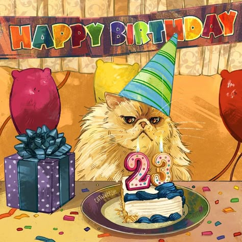 Cat Eating Cake Drawing, Happy Birthday Illustration, Happy Birthday Cat, Cat Expressions, Birthday Cat, Birthday Icon, Happy Birthday Art, Birthday Illustration, Today Is My Birthday