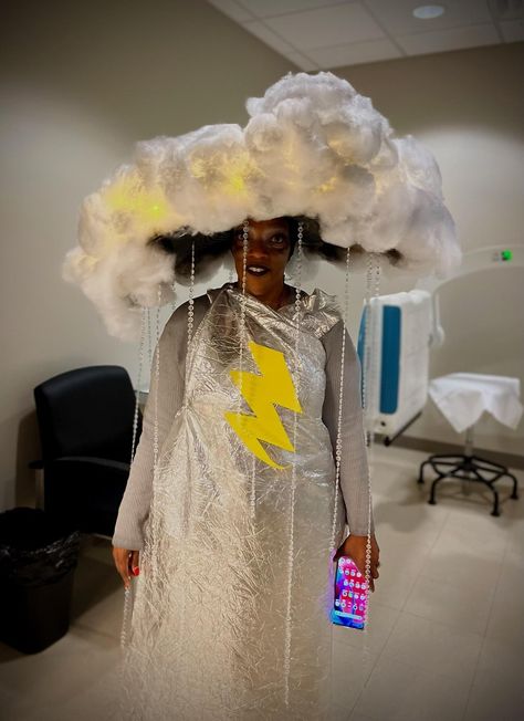 Snow Storm Costume, Cloud Hat Costume, Weather Costumes Diy, Storm Costume Diy, Storm Cloud Costume Diy, Storm Cloud Costume, Jellyfish Outfit, Cloud Hat, Rain Cloud Costume