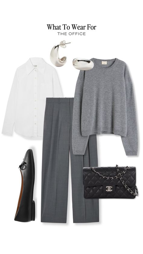 Grey tailored trousers with a white shirt, cashmere knit, black ballet flats, Chanel classic flap & silver hoops for a smart office look. Gray Pants Office Outfit, Gray Business Casual Outfits, Office Outfit Grey Pants, Grey Pants Street Style, Dark Gray Pants Outfit For Work, Light Grey Outfits For Women, Dark Gray Trousers Outfit Women, Charcoal Grey Pants Outfit, Dark Grey Pants Outfit For Work Women