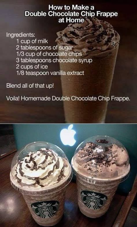 Double Chocolate Chip Frappe, Chocolate Chip Frappe, Resep Starbuck, Resepi Biskut, Frappe Recipe, Resep Smoothie, Starbucks Drinks Recipes, Easy Smoothie Recipes, Coffee Drink Recipes