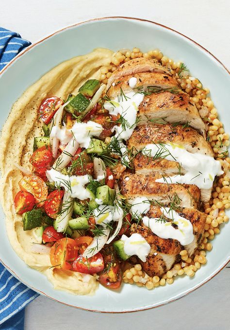 Easy Mediterranean chicken bowl recipe with hummus, tomato-cucumber salad, and creamy feta sauce | More recipes on www.HelloFresh.com Couscous Bowls, Hello Fresh Dinners, Popular Meals, Mediterranean Chicken Bowl, Chicken Gyro, Chicken Bowl Recipe, Hello Fresh Recipes, Chicken Gyros, Hummus Recipe