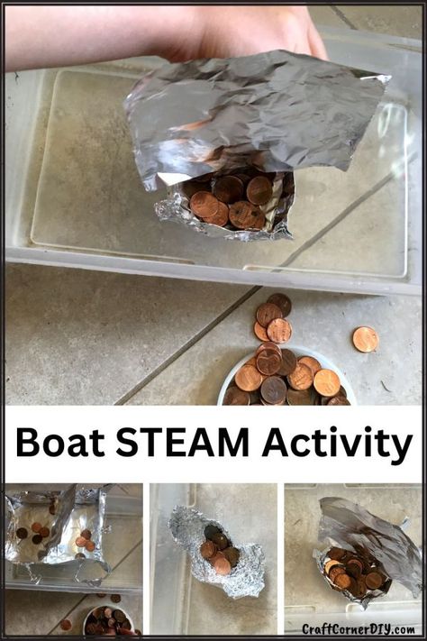 Picture of aluminum foil boat challenge Foil Boat, Cardboard Boat, Stem Activities Preschool, Discovery Day, Steam Activity, Stem Experiments, Sink Or Float, Boat Crafts, Floating Boat