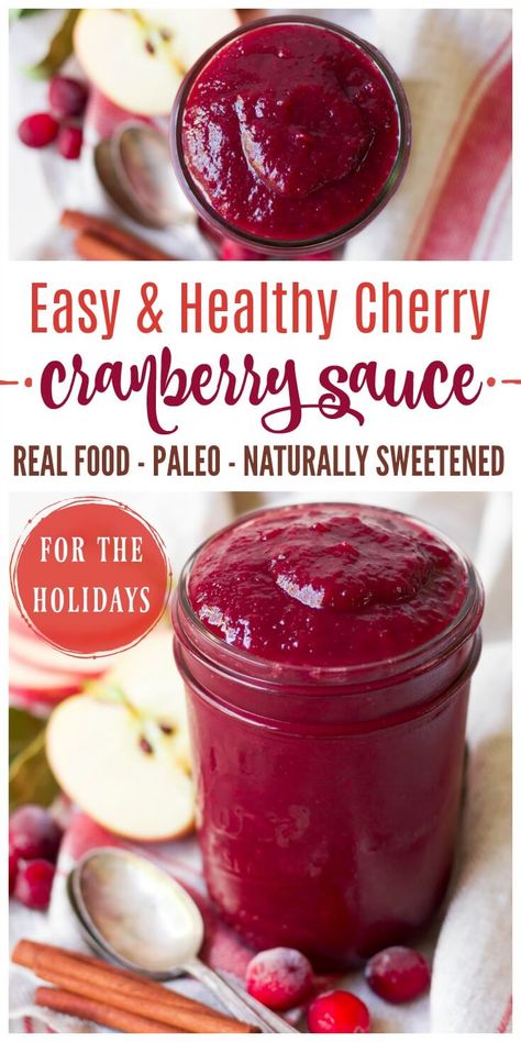 Skip the canned cranberry sauce and make this amazing Healthy Cherry Cranberry Sauce for the holidays instead. It's easy to make, naturally sweetened, chock-full of cranberries, cherries and apples, with a hint of orange and cinnamon. | Recipes to Nourish // Thanksgiving | Christmas | Gluten Free | Vegetarian Christmas Gluten Free, Cranberry Sauce Recipes, Cranberry Cheesecake Bars, Cranberry Sauce Thanksgiving, Easy Cranberry Sauce, Cranberry Thanksgiving, Orange And Cinnamon, Gluten Free Stuffing, Paleo Side Dishes