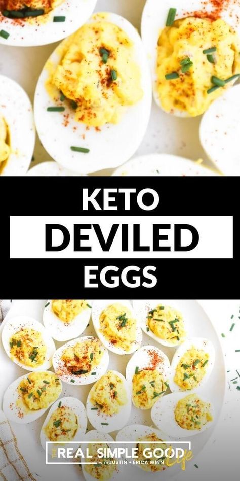 An easy recipe for rich and creamy keto deviled eggs! The perfect appetizer or low carb snack, these bite-sized treats are perfect for any family gathering, party or get together. Made with simple ingredients and you can customize the toppings to add bacon, paprika or chives. The perfect family friendly and healthy appetizer. @realsimplegood | The Real Simple Good Life #appetizer #keto #healthy #whole30 Gluten Free Snacks Recipes, Keto Egg Recipe, Keto Deviled Eggs, Keto Healthy, Deviled Eggs Easy, Healthy Appetizer, Healthy Appetizer Recipes, Low Carb Snack, Deviled Eggs Recipe