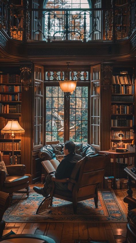 #Cozy #ReadingNook: A person #relaxes in a leather #armchair, engrossed in a #book inside a #luxurious home #library. #AIArt #AIPhoto #StockCake ⬇️ Download and 📝 Prompt 👉 https://stockcake.com/i/cozy-reading-nook_999352_557213 Reading In A Library Aesthetic, Cozy Fall Reading Nook, Reading Nook Dark Academia, Cozy Green Library, Cozy Public Library, Secret Reading Nook, Small Library Nook, Big Library Aesthetic, Reading By Fireplace