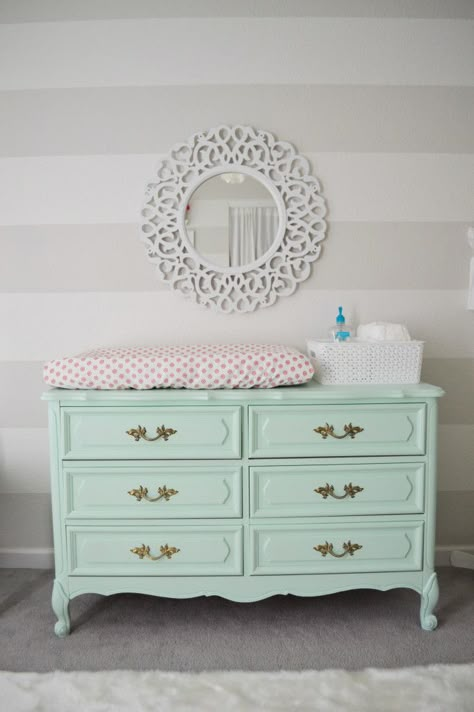 French Provincial Style Dresser Painted Mint - what a fab changing table! Mint Green Dresser, Mint Dresser, Coral Dresser, Coral Nursery, Green Dresser, Changing Tables, Changing Table Dresser, Chic Nursery, Gold Knobs