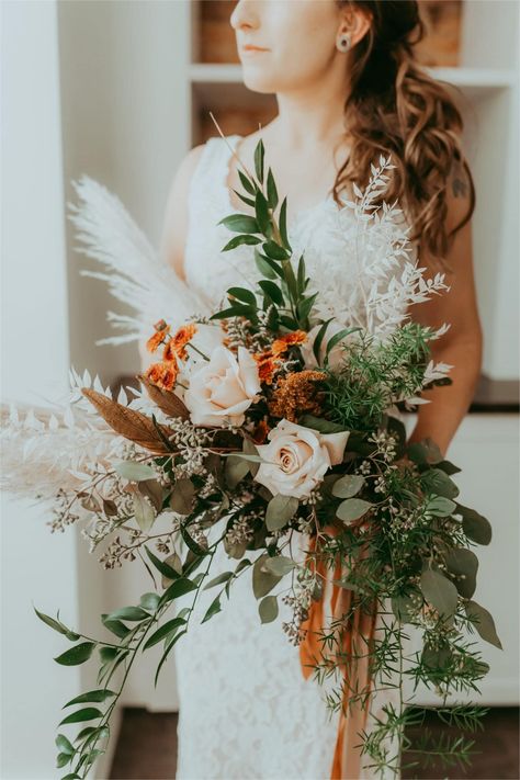 Fall boho bridal bouquet featuring eucalyptus, pampas grass, and dried florals. Pompadour Grass Wedding Bouquet, Rustic Boho Bridal Bouquet, Dried Eucalyptus Bouquet, Pampas Grass And Eucalyptus Bouquet, Pampas Bouquet Wedding, Pampas Bridal Bouquet, Natural Bouquet Wedding, Pampas Bouquet, West Lafayette Indiana