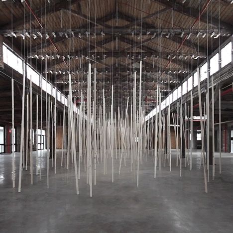 Studio Zimoun installation at Knockdown Center NYC Rhythm Architecture, Wind Installation, Wooden Installation, Rope Installation, Hanging Art Installation, Furniture Installation, Sound Sculpture, Sound Installation, Hanging Furniture