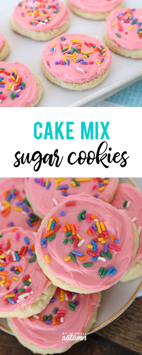 Easy frosted cake mix sugar cookies (cheater recipe) - It's Always Autumn Frosted Sugar Cookie Recipe, Cake Mix Sugar Cookies, Sugar Cookies Christmas, Lofthouse Sugar Cookies, Almond Sugar Cookies, Frosted Cake, Sugar Cookie Cakes, Carrot Cake Cookies, Cake Mix Cookie Recipes