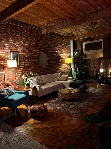 Finally got my living room set up : femalelivingspace Cozy Hangout Space, Grunge Apartment Aesthetic Living Room, Cozy Hangout Room, Unconventional Living Room, Grunge Apartment Aesthetic, Grunge Living Room, Brick Wall Apartment, Loft Apartment Aesthetic, Brick Wall Living Room