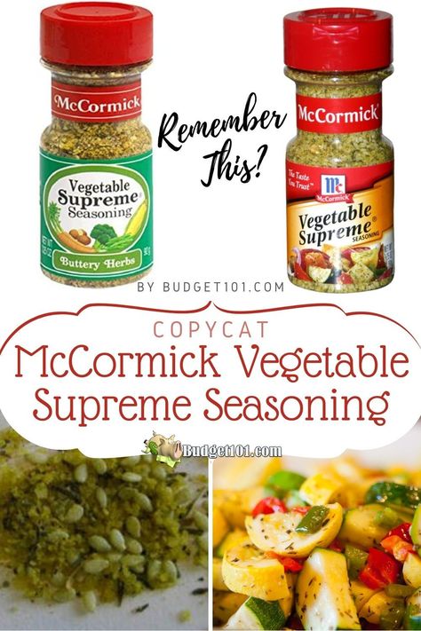 Recreate the flavor of Copycat McCormick Vegetable Supreme Seasoning & the original McCormick Vegetable delight seasoning in your own kitchen #Copycat #Homemade #fromscratch #MYO #Budget101 #CopycatMcCormickRecipes #SeasoningMixes Diy Salad Supreme Seasoning, Vegetable Seasoning Blend, Mccormick Salad Supreme Seasoning Recipe, Salad Supreme Seasoning Recipe, Season All Recipe, Salad Supreme Seasoning, Spice Ideas, Mccormick Recipes, Mccormick Spices