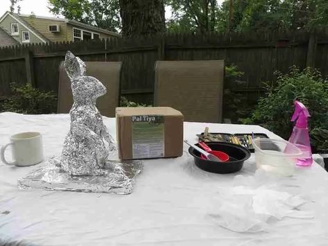 Make a Rabbit Sculpture That's Weatherproof, So it Can Stay Outside 3 Pal Tiya, Rabbit Wire, Paper Mache Projects, Rabbit Garden, Rabbit Sculpture, Beginner Pottery, Paper Works, Dinosaur Crafts, Paper Mache Art