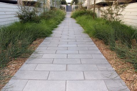 Beautiful walkway with our 12 x 24 slab!  #ackerstone #pavers #slabs Ackerstone Pavers, Navy Couch, Grey Pavers, Paver Patterns, Paver Designs, Swimming Pool Decks, Concrete Walkway, Paver Walkway, Paver Stones