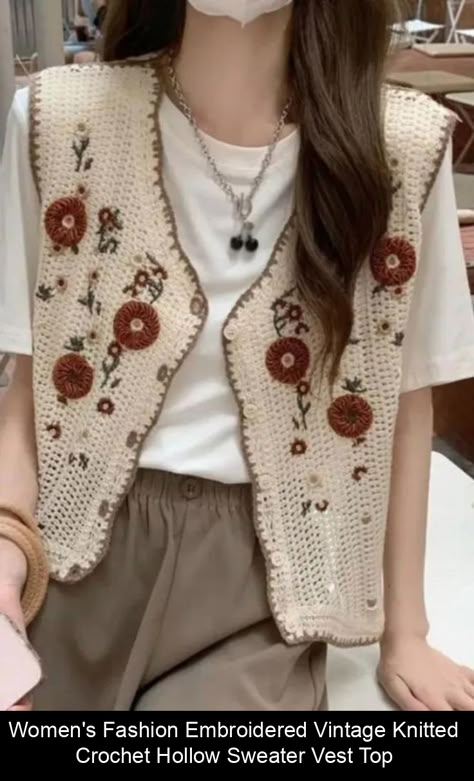 Product Name: Women's Fashion Embroidered Vintage Knitted Crochet Hollow Sweater Vest Top Item NO.: 3256804559186369 Weight: 0.1 kg = 0.2205 lb = 3.5274 oz Category: Women' Fashion > Women's Tops > Sweater Vests Brand: streetsangels Creation Time: 2023-09-19 #knitting Pola Kardigan, Jaket Crochet, Hollow Sweater, Crochet Sweater Design, Crochet Vest, Cardigan Pattern, Free Crochet Patterns, Sweater Design, Vintage Knitting