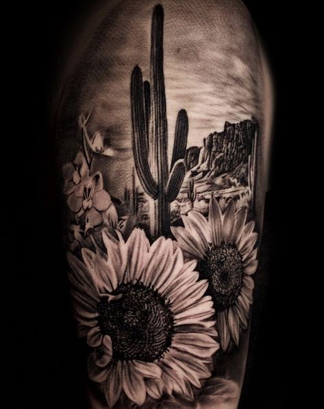 Half Cactus Half Pine Tree Tattoo, Desert Tattoo Ideas Sleeve, Cactus Sunflower Tattoo, Western Tattoo Cover Up, Windmill Tattoos For Women, Feminine Cow Skull Tattoo, Half Sleeve Western Tattoos For Women, Cowboy Cowgirl Tattoo, Boho Leg Sleeve Tattoo