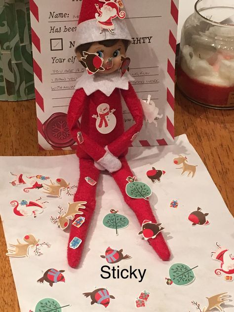 Leaves a note and stickers for children Elf On The Shelf Stickers, Elf On The Shelf Plushee Pal Ideas, Elf On The Shelf Misbehaving Kids, Elf On The Shelf Child Misbehaving, Elf On The Shelf Action Figures, Elf On The Shelf, Elf, Shelves, Holiday Decor