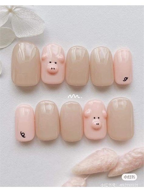 Pig Nail Art, Pig Nails, Almond Acrylic Nails Designs, Pig Cute, Fake Nails Designs, Art Deco Nails, Asian Nails, Anime Nails, Nail Box