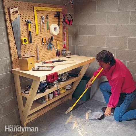 Workbench for a small space. A fold-out work table, a roll out table saw stand, a miter box table and lots of storage—cabinets, drawers, pegboard and Workshop Organisation, Build Garage, Laundry Table, Building A Workbench, Folding Workbench, Mobile Workbench, Diy Workbench, Bench Diy, Workbench Plans