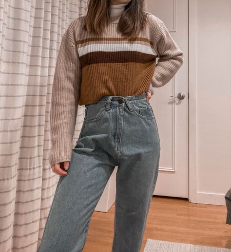 striped patterned neutral sweater turtleneck jean women’s fashion outfit winter inspo aesthetic OOTD Winter Inspo Aesthetic, Striped Turtleneck Outfit, Turtleneck Outfit Layering, Lost Mary, Neutral Sweater, Aesthetic Ootd, Turtleneck Outfit, Neutral Sweaters, Winter Inspo